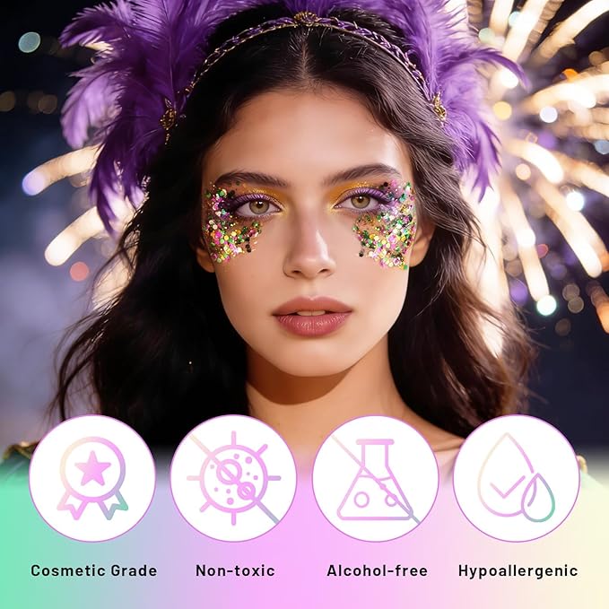 DAGEDA Mardi Gras Body Glitter Gel, Green Gold Purple Face Hair Glitter Carnival Accessories, Chunky Glitters for Mardi Gras Outfit Accessories,Laser Powder Hair Sparkles Festival Sequins Makeup