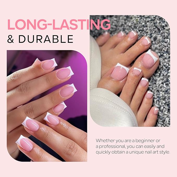 French Press On Nails and Toenails Set with 2 Nail Glue, 60Pcs White Square 15 Sizes Medium Thick Soft False Toenail Extension, Full Cover Stick on Acrylic for Women Nail Art DIY