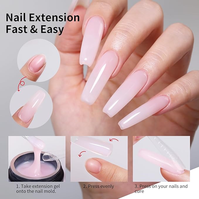 Milky Pink Builder Nail Gel Kit, 1.23 Oz Baby Pink 3 in 1 Extension Gel Set With Clear Nail Tips Model and Brush