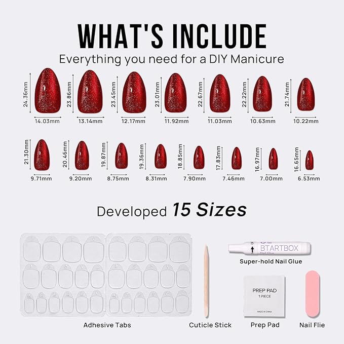 BTArtbox Press On Nails Almond - Deep Red Sparkly Press On Nails with Glue for Women, Glossy Soft Gel Glue On Nails in 15 Sizes - 30 Stick On Nails Kit for Christmas, Mystic Ruby