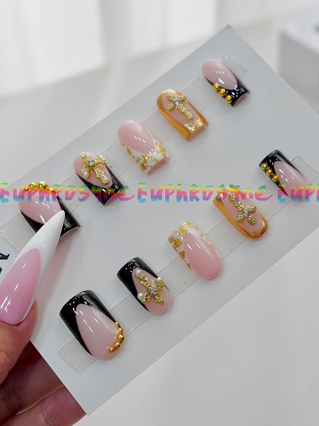 Euphrosyne Luxury Press On Nails – 10pcs Long Square Fake Nails in Nude Pink and Black with Gold Cross Charms, Pearl Accents & Letter Plaques | Gothic Stick-On Nails with 3D Details
