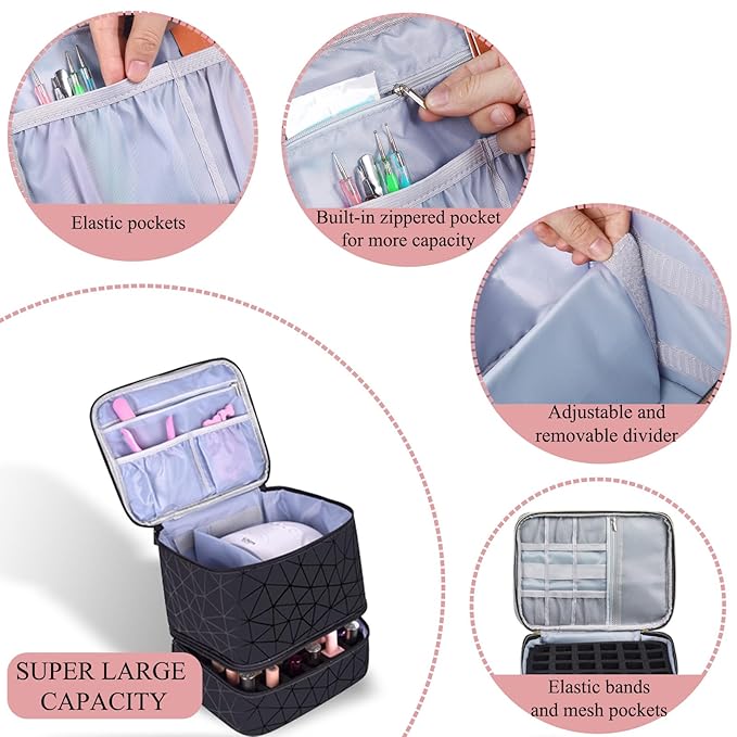 PU Leather Nail Polish Organizer, Double Layer Nail Polish Storage Holds 30 Bottles (15ml/0.5fl.oz) & Nail Lamp, Portable Nail Bag Organizer Case for Nail Tech Travel & Manicure Kit