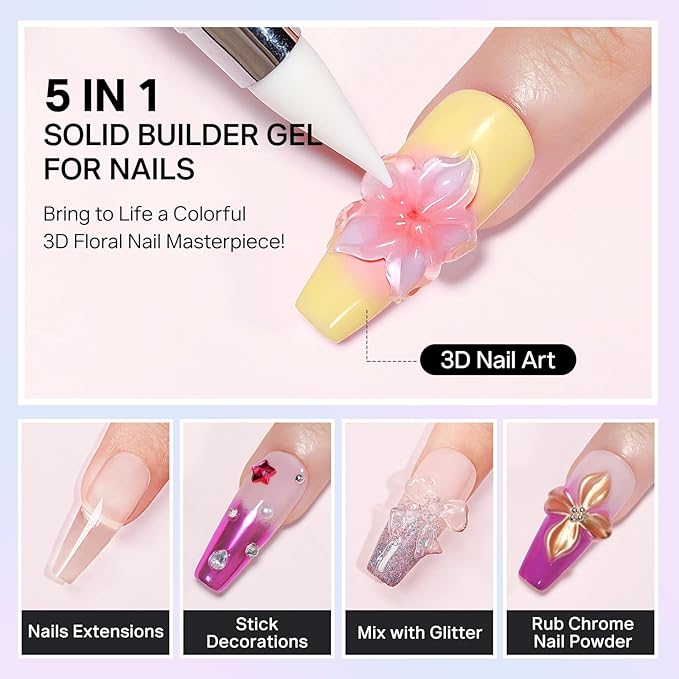 MIZHSE 3PCS 3D Nail Art Gel Clear and White Solid Builder Gel for Nails, 5 in 1 Non-Sticky Sculpture Hard Building Gels with Dual Form for 3D Carving Patterns Flowers for Beginner DIY Salon at Home