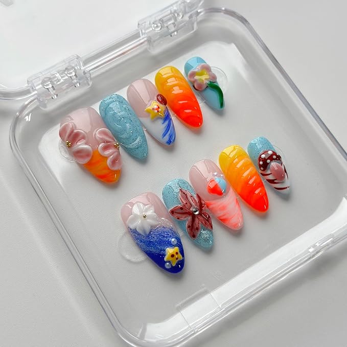 Luxury Press on Nails Medium Almond Handmade 3D Unique Reusable ABS Material Fake Nails French Tip False Nails with Designs Mushroom Floral Summer Glossy Glue on Nail Thick Acrylic Nail(M)