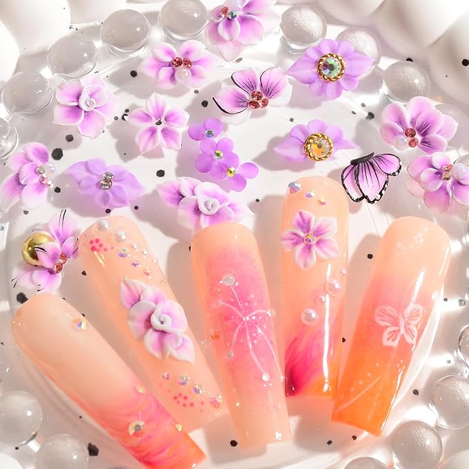 30PCS 3D Handmade Flower Nail Art Charms Advanced Handcrafted Cherry Blossom Flower Colorful Sculpted Floral Nails with Rhinestone Caviar Beads Design for Women Profession Nail Art Craft Jewelry