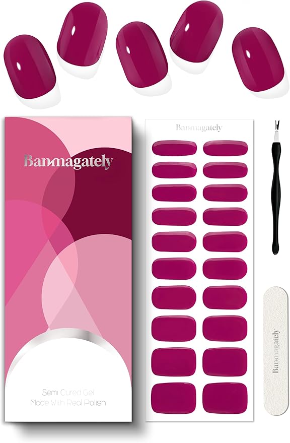 Semi Cured Gel Nail Strips, 20Pcs Long Lasting Salon Quality Wraps, Easy Apply & Remove Gel Nail Stickers with UV Light (Claret Purple)