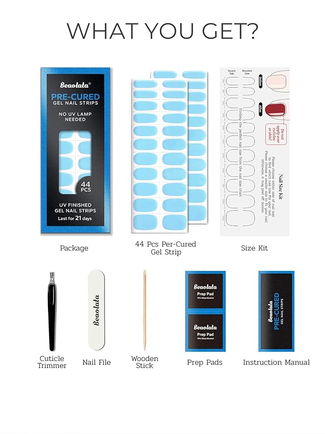 Pre Cured Gel Nail Strips - 44PCS Salon Quality Gel Nail Stickers - Long Lasting Polish Wraps for Women no UV Light Needed Easy Apply & Remove (ICY Blue)