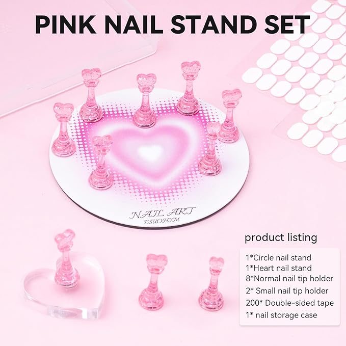 Nail Stands for Press On Nails Painting Display Practice, Powerful Magnetic Nail Tip Holders for Diy Design, Heart Nail Art Stand with 200 PCS Double-Sided Tapes Home Salon Use