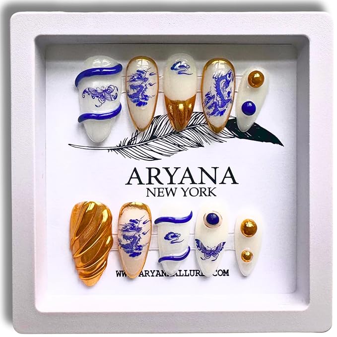 ARYANA NEW YORK Press On Nails - Handmade, Reusable, Luxury Almond Shape, Blue Dragon Chinese Pottery Collection - (Small)