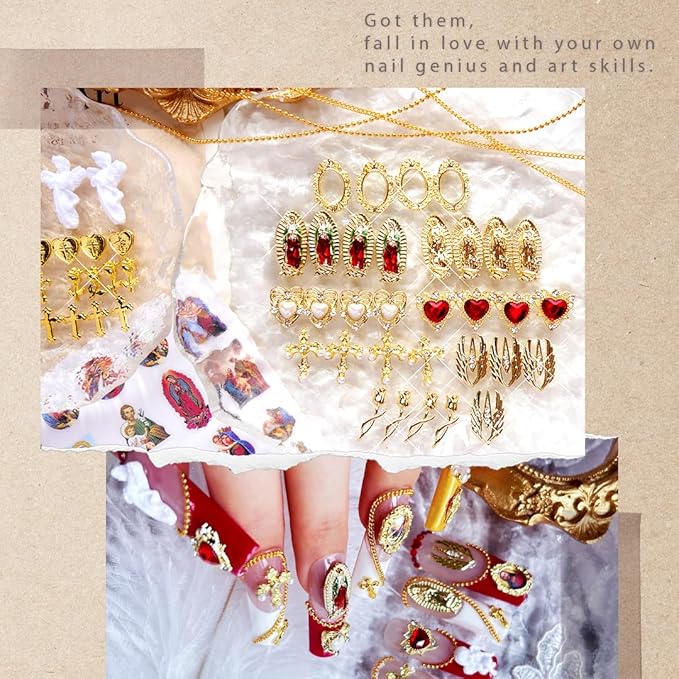 65pcs Virgin Mary Cross Gold Nail Charms 3D Heart Angel Rose Flower Alloy Rhinestones for Acrylic Nail Art Religious San Judas Nail Stickers Chains Gems Jewels Manicure Decoration Supplies DIY