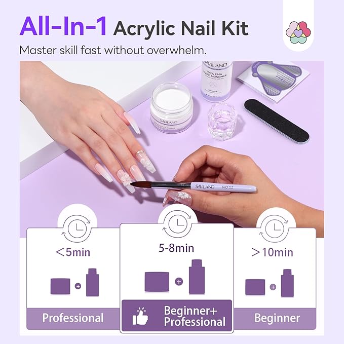 SAVILAND Acrylic Nail Kit for Beginners: 30g Clear Acrylic Powder and Liquid Set with Brush Forms Manicure Tools Extension Nails Kit Beginner with Everything for Home DIY Nail Art Salon