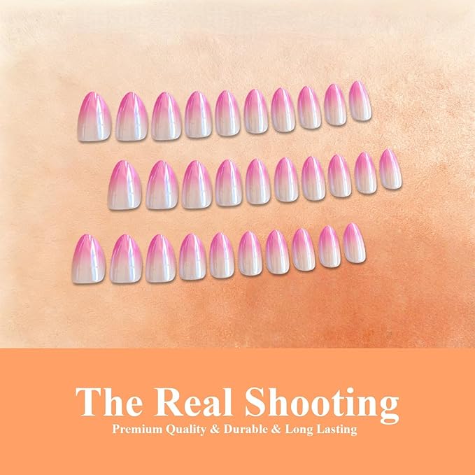 Chrome Ombre Hot Pink Press on Nails Short Almond, Glazed Cute Fake Nails with Sparkle Mirror Design, Shiny Glitter Glue on Nails Stiletto, Gradient Nude Gel Nail Press ons with Glue 30 Pcs