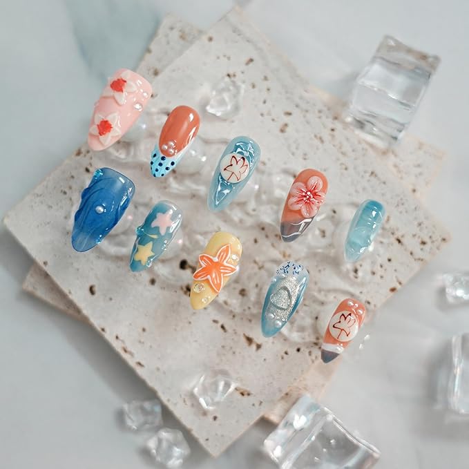 Summer Beach Press on Nails Medium Almond - Blue Ocean French Tip False Nails with 3D Flower Colorful Sea Starfish Designs Full Cover Handmade Stick on Nails (Blue Floral Carving,S)