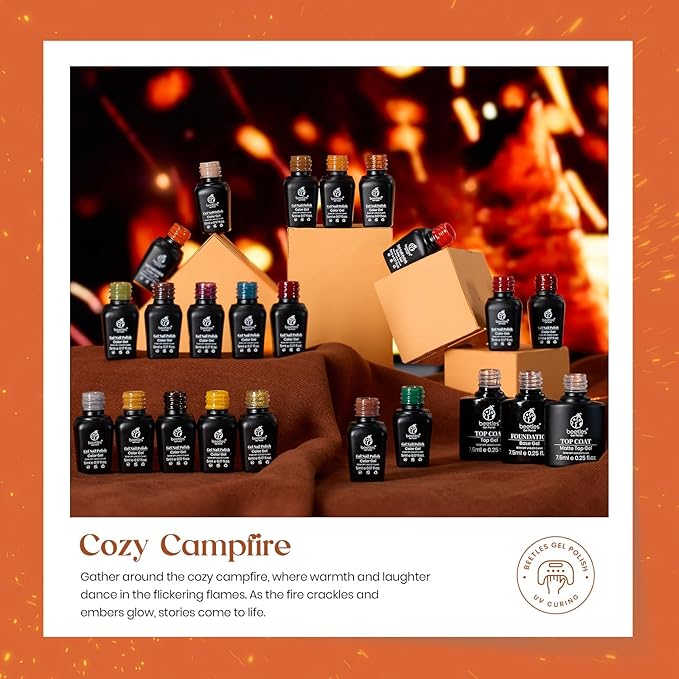 beetles Gel Polish Nail Set 20 Colors Cozy Campfire Collection Orange Green Brown Soak Off Uv Lamp with Beetles Nail Blooming Gel 15ml Clear Uv Led Soak off Nail Gel Diy Nail Art Design Manicure