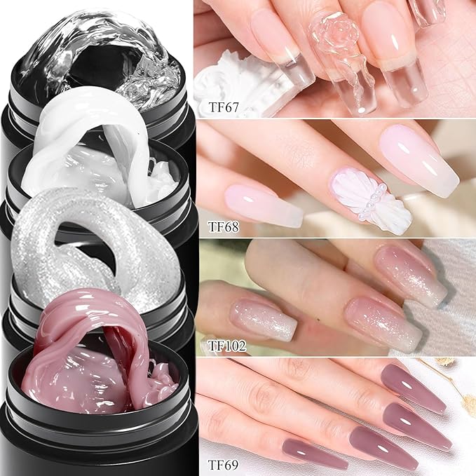 MEET ACROSS All-in-One Extension Mini Kit Non-Sticky Builder Gel Starter Kit WIth Base & Top Coat/Dual-Silicone Pen/Pro File/20-Pc Reusable Dual Forms Salon-Grade Extensions (Clear+White+Glitter+Nude)