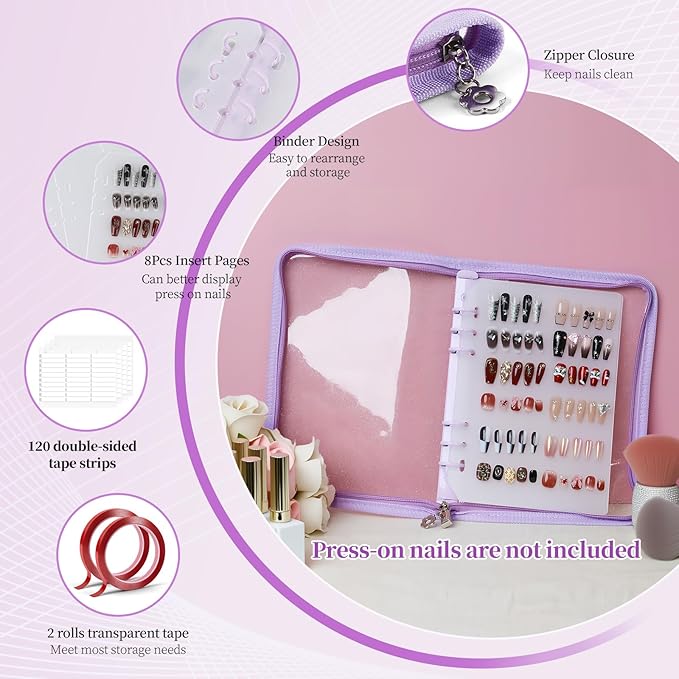 Press on Nail Organizer Binder Book, 8 A5-Sized Insert Pages & Double Sized Tape, Press on Nails Display Storage Book, Reusable Fake Nail Swatch Collecting Book (Purple)