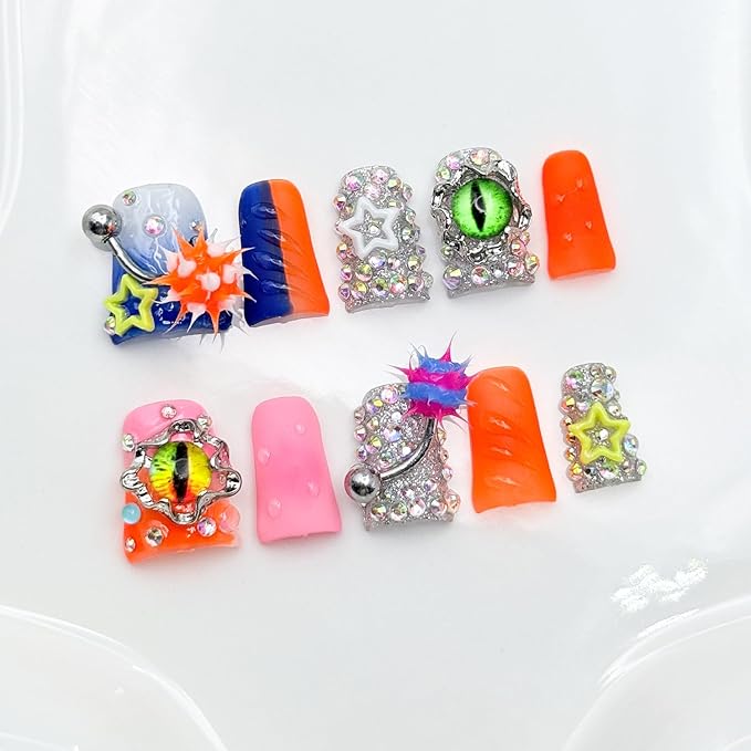 Handmade Press on Nails Short Duck Fake Nails Orange False Nails with Glue,Muti-Layer Gel Thick Press ons Nail Luxury Rhinestone Design Reusable Acrylic Nails for Women(Size S)