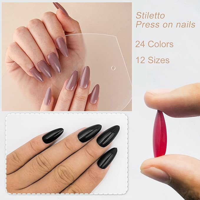 AddFavor 576pcs Almond Press on Nails Medium Fake Nails Full Cover Short Stiletto Nails Press ons Glossy Acrylic Artificial False Nail Tips for Women Girls Nail Art Manicure
