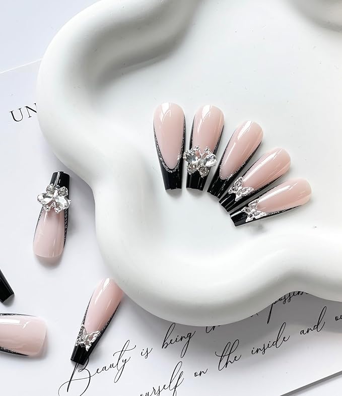 Press on Nails Long Coffin MABKJLF Black French Tip Fake Nails Full Cover False Nails with Butterfly Rhinestones Designs Glitter Glossy Stick on Nails Artificial Nails for Women Girls 24 Pcs