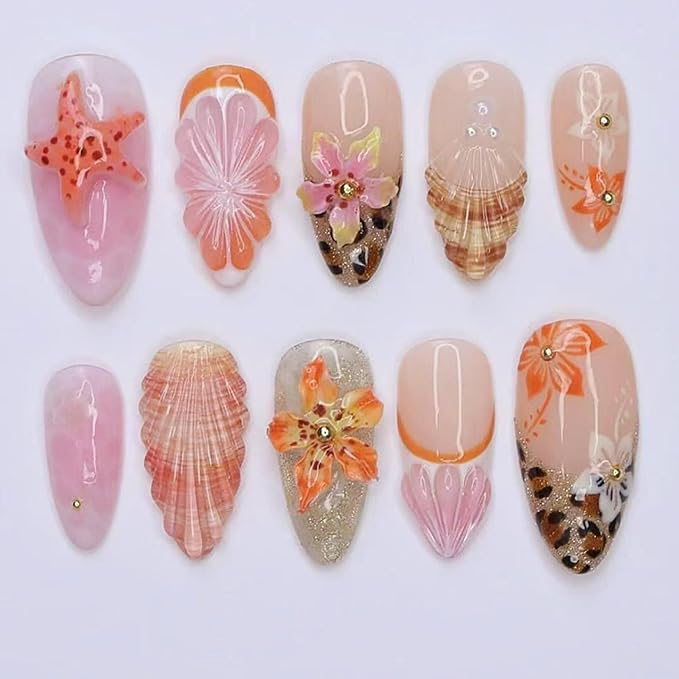 Medium Press on Nails Almond Fake Nails French Artificial Nail Flowers and 3D Embossed Stick on Nail for Women 24pcs