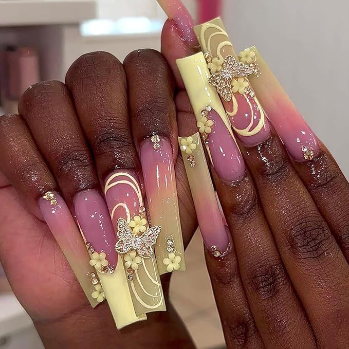Spring Long Coffin Press on Nails with 3D Butterfly & Flower Design - Pink Ombre Fake Nail Yellow French Tip False Nails Full Cover Glossy Stick on Nails for Women 24PCS