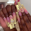 Spring Long Coffin Press on Nails with 3D Butterfly & Flower Design - Pink Ombre Fake Nail Yellow French Tip False Nails Full Cover Glossy Stick on Nails for Women 24PCS