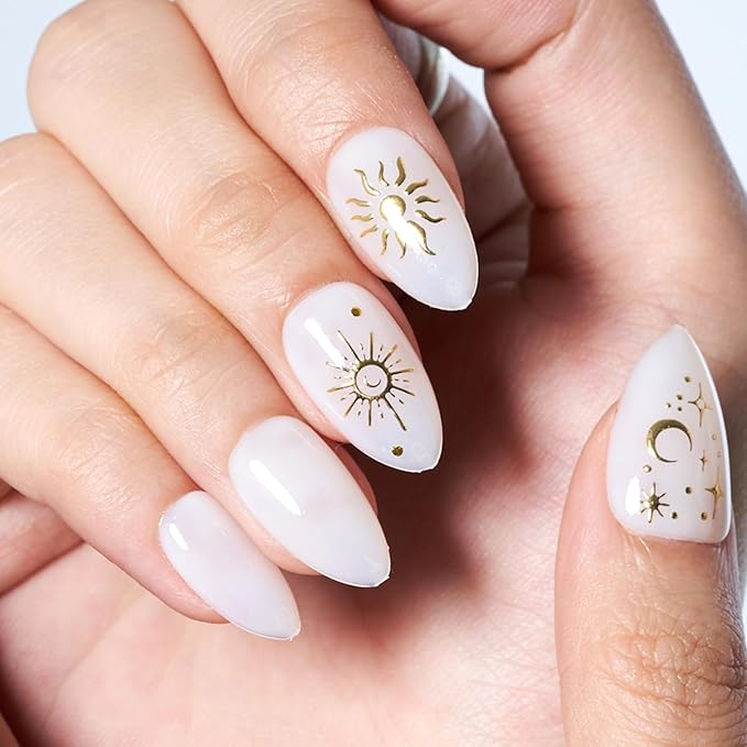 GLAMERMAID White Press On Nails Short Almond, 3D Gothic Handmade Soft Jelly Gel Fake Nails with Golden Star Blossom Design, Round Oval Stick Glue on Nail Kit for Women, Reusable Acrylic False Nail Set