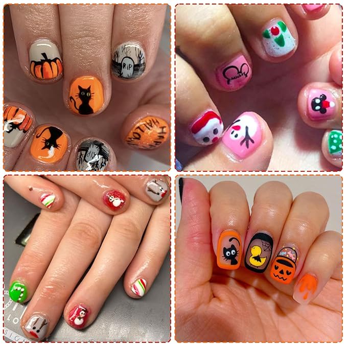Nail Stickers for Kids - Halloween&Christmas Cute 3D Self-Adhesive Designs, DIY Nail Art Decals for Little Girls, Toddler (4 Sheets)