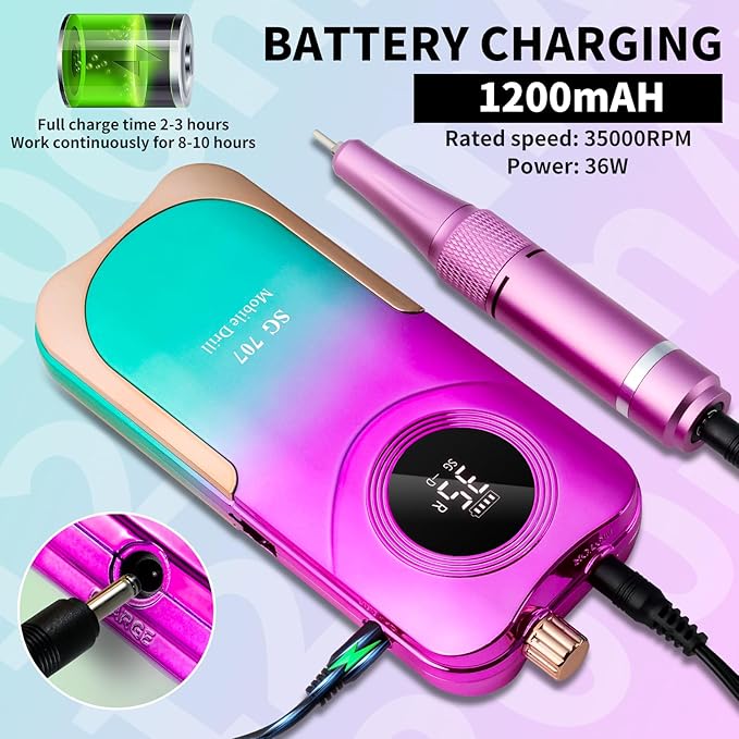 Professional Electric Nail Drill Kit 35000RPM with 14PCS Bits Purple Green Portable Rechargeable Cordless File Machine for Acrylic Gel Powder Nails and Manicure Pedicure Toenail Tool Salon Set