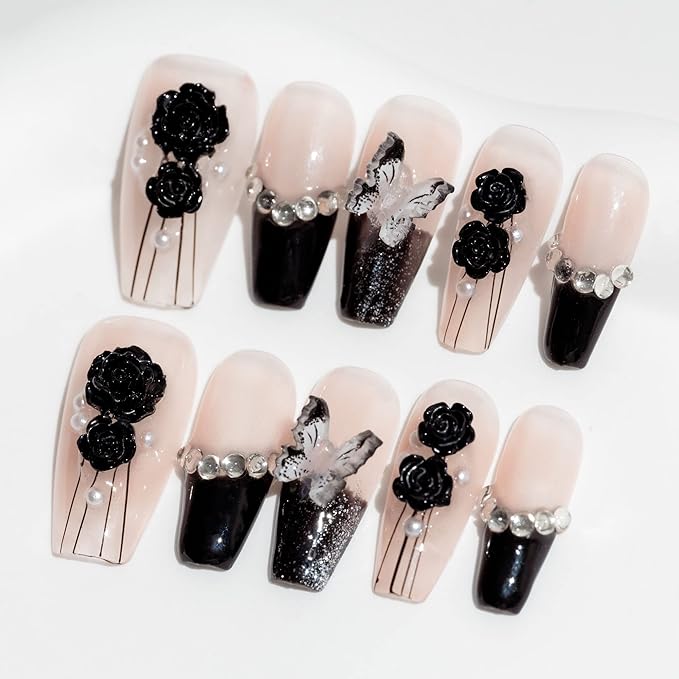 Sun&Beam Nails Handmade Long Coffin Ballerina Nude False Nail Tips with Cute 3D Black Flower Butterfly Diamond Popular Charm Design Press On Nails 10 Pcs (#69 XS) (FN-HM-069-XS.AU)