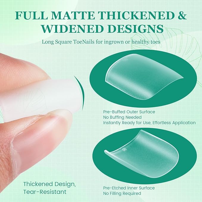 Square Toe Nail Tips - Full Cover for Wide Long Nail Beds, Matte Pre-shaped Fake Toenails Gel Press on Nails Extensions Home DIY Nail Salon, 15Sizes 300PCS