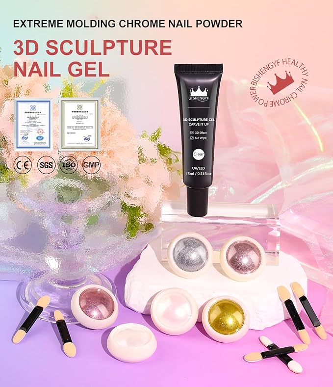 3D Nail Gel and Chrome Nail Powder Kit BISHENGYF: 15g No Wipe 3D Sculpting Gel Aurora Rose Pink White Pearl Gold Chrome Nail Powder with Clear 3D Carving Nail Molding Glue Set for Nail Art Decoration