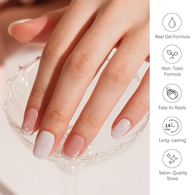 DANNI & TONI Semi Cured Gel Nail Strips Flowers French Aurora Gel Nail Wraps 28 Stickers | Floral Swirl