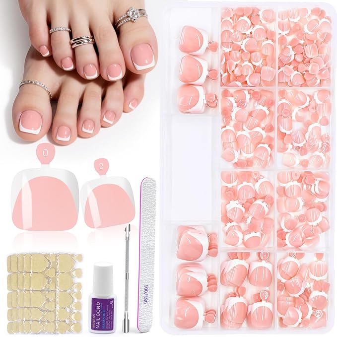 Toe Press On Nails, 240Pcs White French Press On Toenails Kit, Nude Square Pre-Designed Soft Gel False Toenail Extension, 12 Size Full Cover Fake Toenail Press Ons for Women