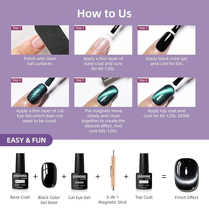 JODSONE 20 Colors Cat Eye Gel Nail Polish Kit with Base Coat Top Coat Magnet for at Home DIY Nail Art