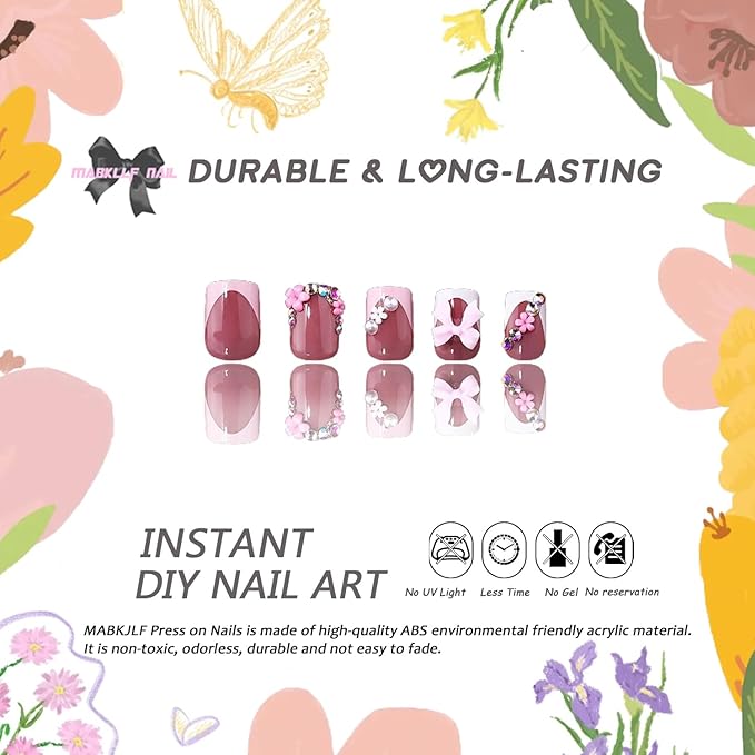 Cute Press on Nails Short Square French Tip Fake Nails Flower Pearls Bow Charms False Nails with Designs MABKJLF Pink & White Glossy Glue on Nails Stick on Nails Acrylic Nails for Women Girls 24Pcs