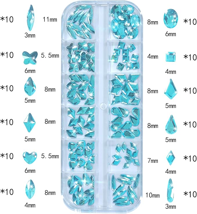 Nail Rhinestones - 3D Multi Shape Size, Flat Back, Manicure Rhinestones Charms, Crystal Lake Blue Gems, with Kit, for Nail Art, Bedazzling Acrylic Nails, DIY Decor