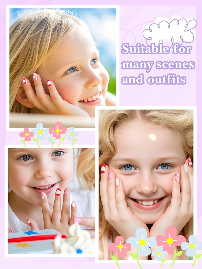 26 Pieces Press on Nails for Kids, EBANKU Kid Fake Nail Kit Pink Heart Press on Nail Short Artificial False Nail Kits for Kids Girls