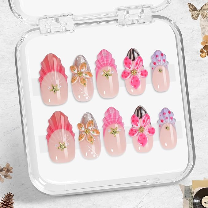 Acrylic y2k Sweet Pink Press On Nails with Red French Tips, Handmade 3D Flower Tropical Shell Almond Fake Nails with Starfish Charms & Floral Art, Beach Vacation Nail Tips