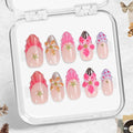 Acrylic y2k Sweet Pink Press On Nails with Red French Tips, Handmade 3D Flower Tropical Shell Almond Fake Nails with Starfish Charms & Floral Art, Beach Vacation Nail Tips