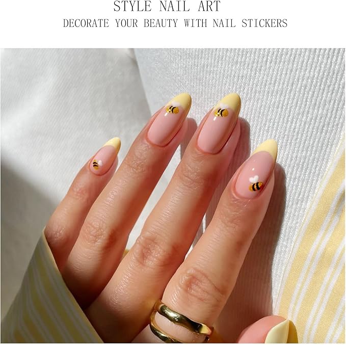JMEOWIO Gel Nail Stickers Bee Yellow French Tip Semi Cured Gel Nail Strips Wraps UV/LED Nails Art Design Decoration Accessories