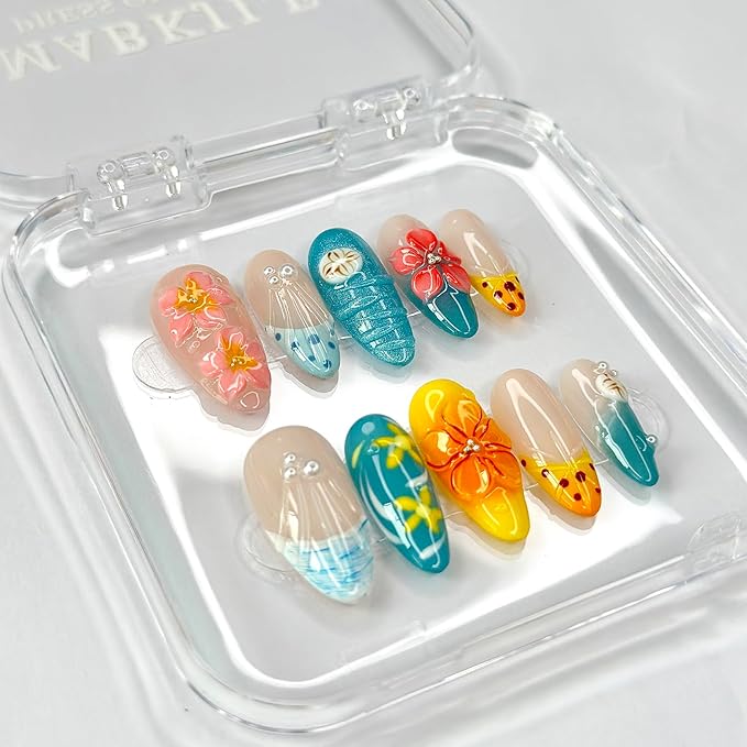 Luxury Press on Nails Medium Almond French Tip Handmade 3D Unique Reusable ABS Material Fake Nails Beach False Nails with Designs Summer Floral Art Petal Glossy Glue on Nails Thick Acrylic Nails(M)