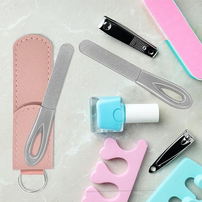 Metal Nail File with Case, 2 Pack Keychain Nail Files for Natural Nails, Fingernail Files Diamond Round Tip Stainless Steel Double Sided Fine Grit Silver Filer with Leather Sheath Travel Pink Purple