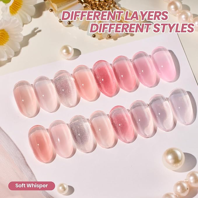 Beetles Pink Gel Nail Polish Set, 8 Colors Nude Pink Jelly Gel Polish Shimmer Glitter Sheer Transparent Effect Classic Neutral Nail Polish Soak Off UV French Nail Art Salon Gift Manicure for Women