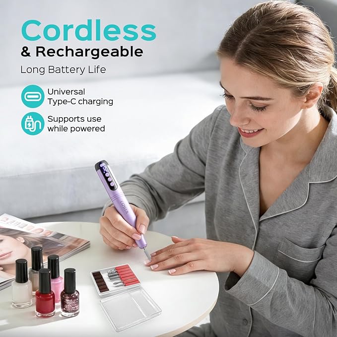 COSLUS C50 Cordless Electric Nail Drill : 12-Speed Professional Nail File with LED Display for All Manicure Shaping & Gel Removal, Nail Art Practice Essentials, Home DIY & Portable Travel Use, Purple
