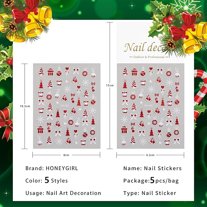 5 Sheets Christmas Nail Stickers for Nails Art 3D Xmas Red Gold Tree Nail Decals with Santa Claus Snowflake Elk Xmas Tree Design Manicure Decal Winter Nail Art DIY Decor Supplies for Women