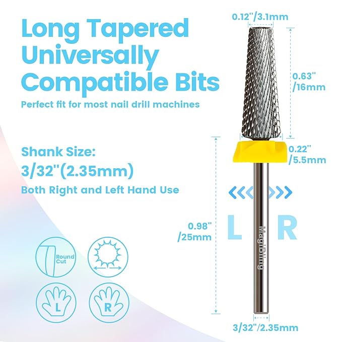 16mm 5 in 1 Tapered Barrel Nail Drill Bits, 3/32'' Safety Tungsten Carbide Bits, Right & Left Rotation, Manicure Cuticle Gel Acrylic Removal Polishing, Technicians Bits, Extra Fine