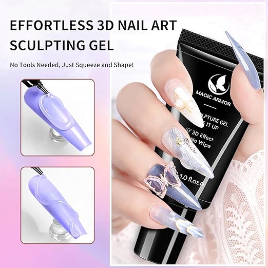 30g 3D Nail Gel and Chrome Powder Kit, Sculpting Gel Nail Art Glue for Art Designs DIY Craving Molding for Decoration Manicure Pedicure Use