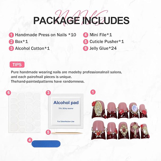 Handmade Press on Nails Wine Red French Tip 3D Flower & Golden Rhinestone Fake Nails Designs Luxury Short Duck False Nail Floral Muti-Layer Gel Thicked Acrylic Nails for Women (Size S)
