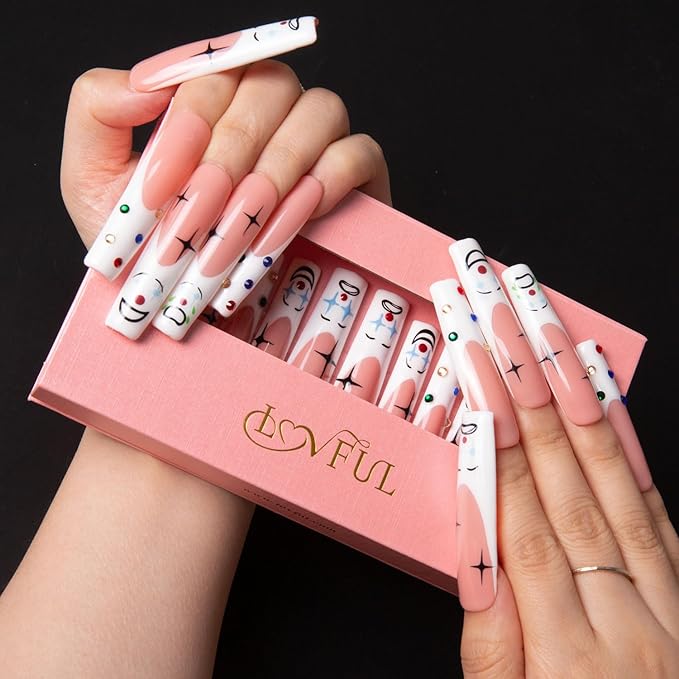 LOVFUL Press on Nails Clown | Handmade with Full Covered Crystals | Reusable Fake Nails | Square | H139-M, pink